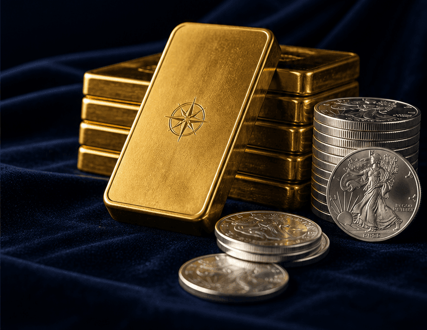 Gold bars and silver coins on navy velvet.