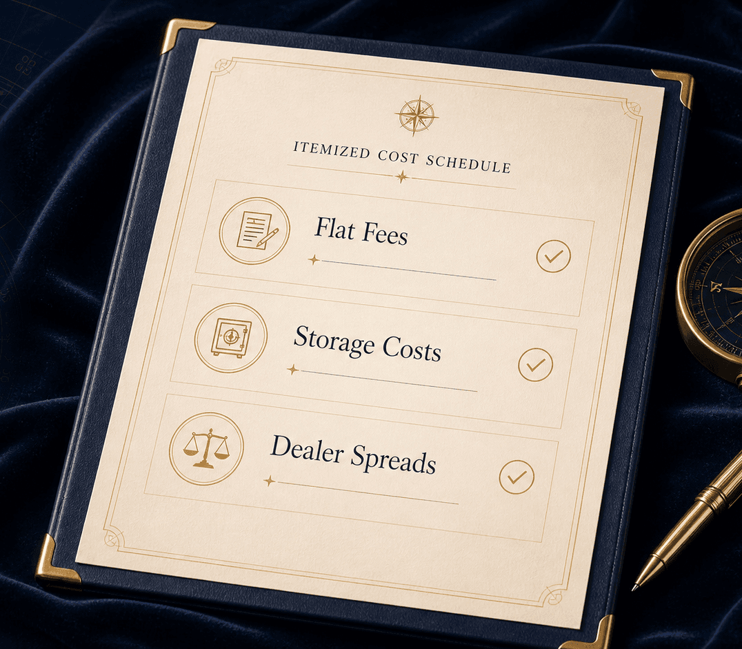 Itemized cost schedule showing flat fees, storage costs, and dealer spreads.